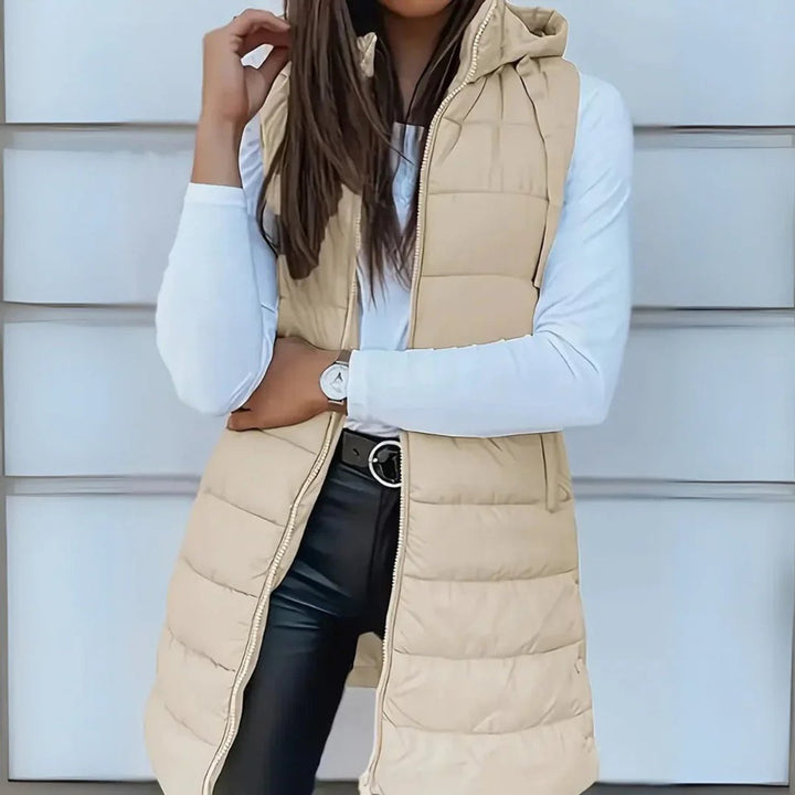 Women's Long Hooded Sleeveless Puffer Vest Lightweight Layering Gilet - Beige