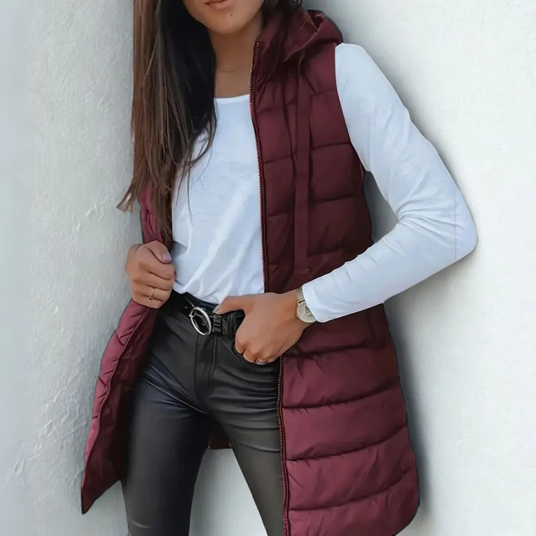 Women's Long Hooded Sleeveless Puffer Vest Lightweight Layering Gilet - Chestnut Brown