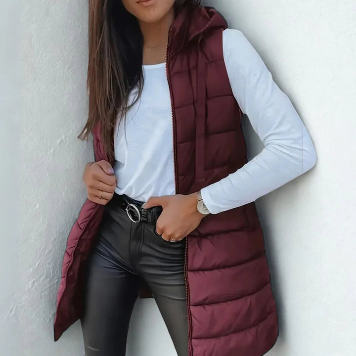 Women's Long Hooded Sleeveless Puffer Vest Lightweight Layering Gilet - Chestnut Brown