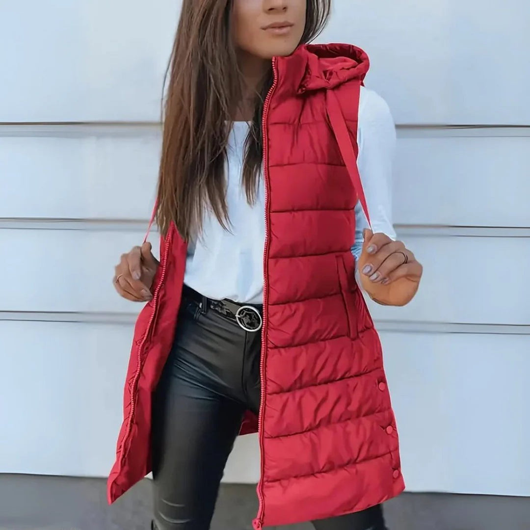 Women's Long Hooded Sleeveless Puffer Vest Lightweight Layering Gilet - Red