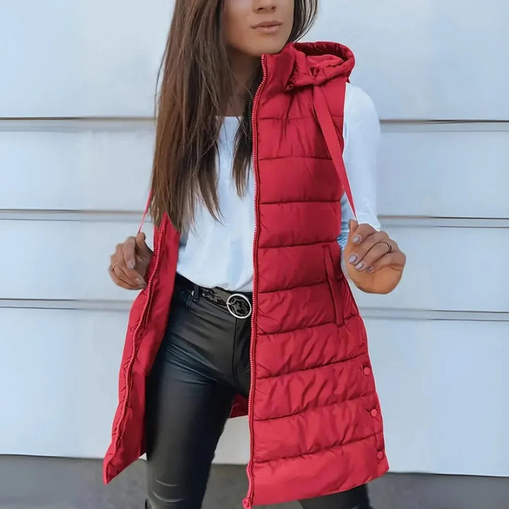 Women's Long Hooded Sleeveless Puffer Vest Lightweight Layering Gilet - Red