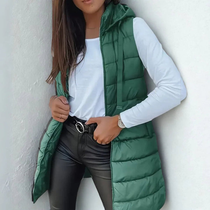 Women's Long Hooded Sleeveless Puffer Vest Lightweight Layering Gilet - Green
