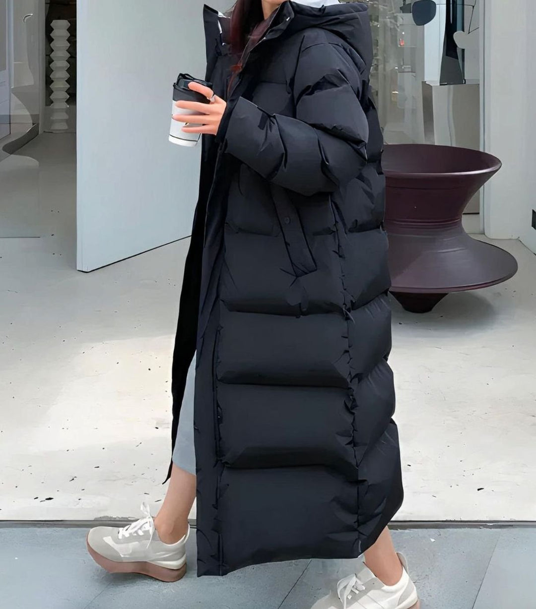 Women's Long Hooded Windproof Puffer Jacket - Black