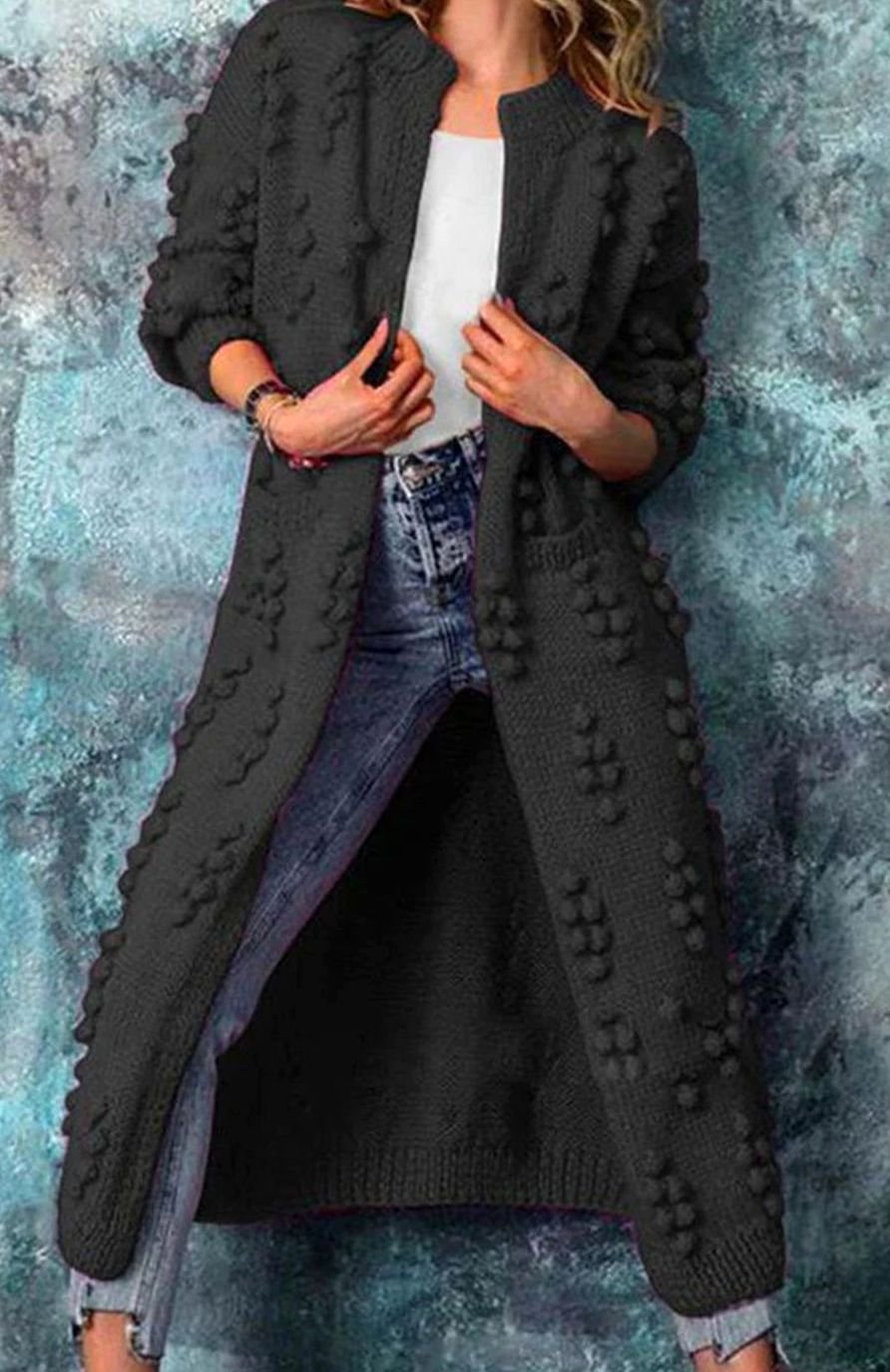 Women's Long Open-Front Pom-Pom Knitted Cardigan Sweater - Black
