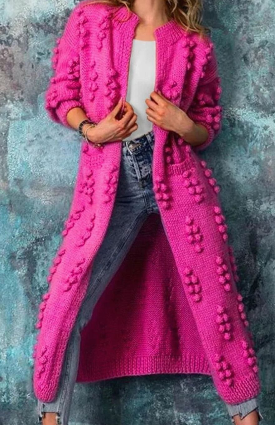 Women's Long Open-Front Pom-Pom Knitted Cardigan Sweater - Pink