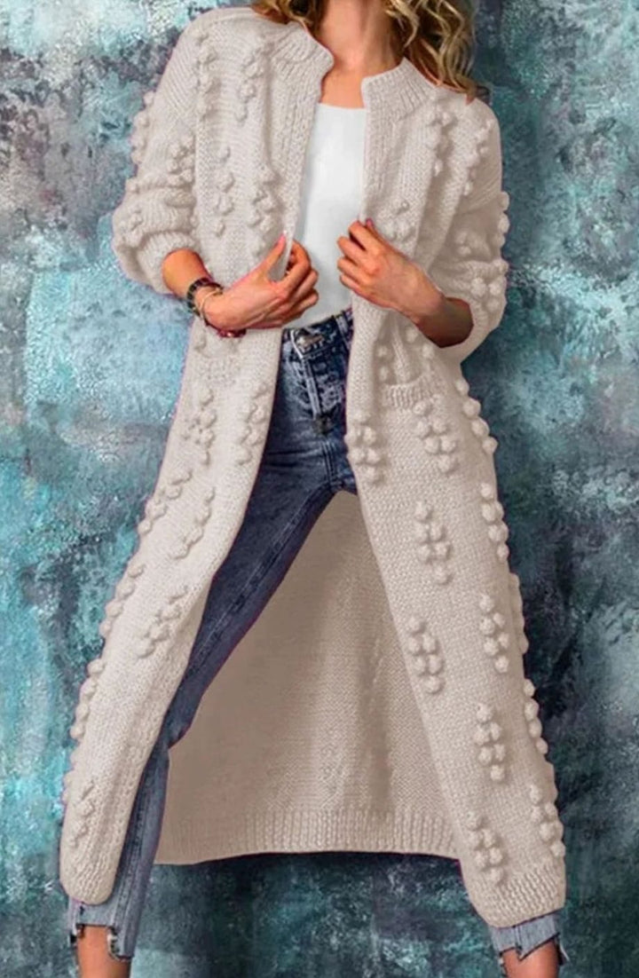 Women's Long Open-Front Pom-Pom Knitted Cardigan Sweater - Beige