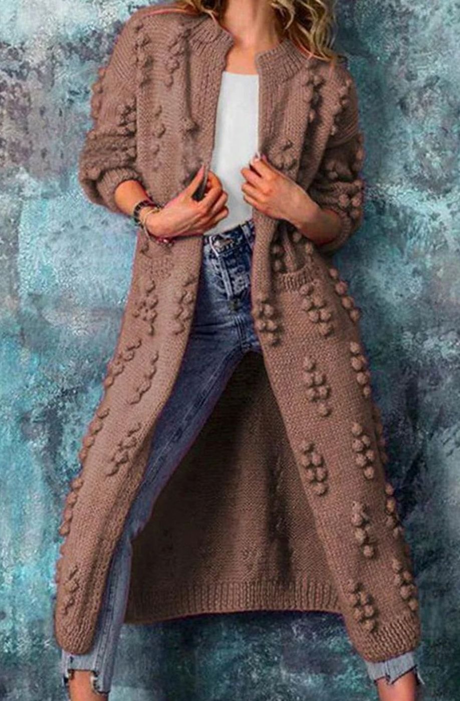 Women's Long Open-Front Pom-Pom Knitted Cardigan Sweater - Brown