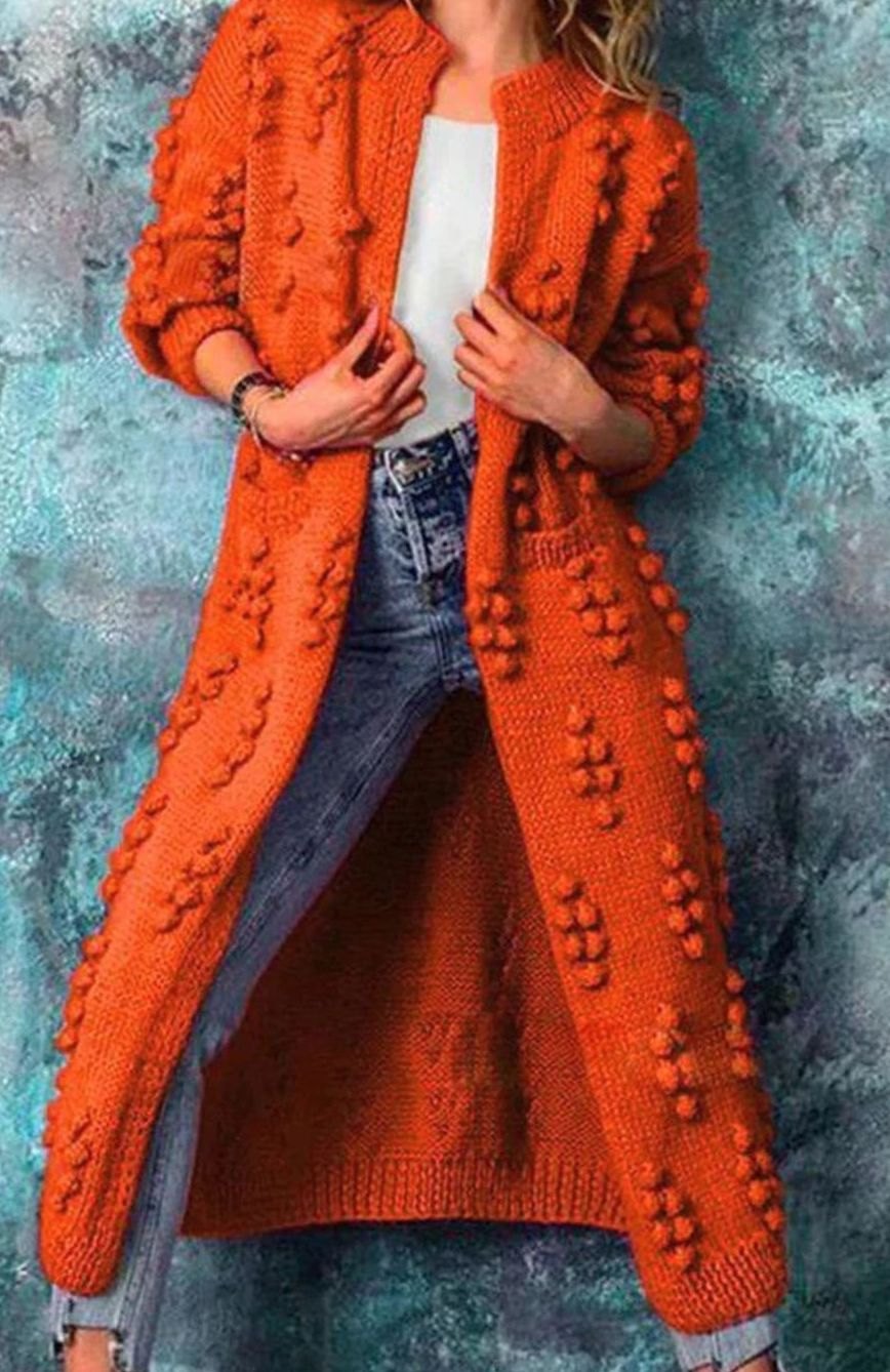 Women's Long Open-Front Pom-Pom Knitted Cardigan Sweater - Orange