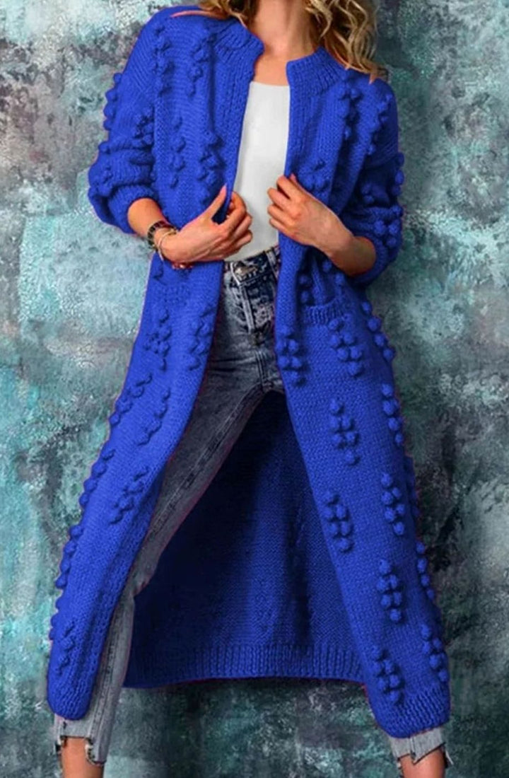 Women's Long Open-Front Pom-Pom Knitted Cardigan Sweater - Blue