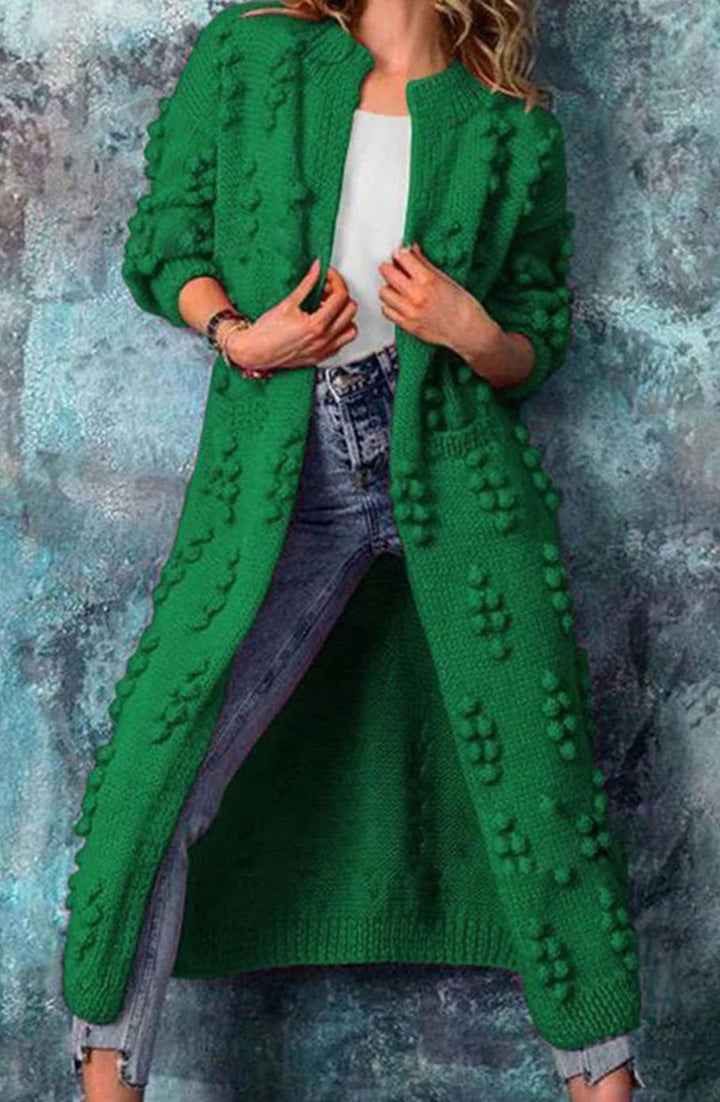 Women's Long Open-Front Pom-Pom Knitted Cardigan Sweater - Green
