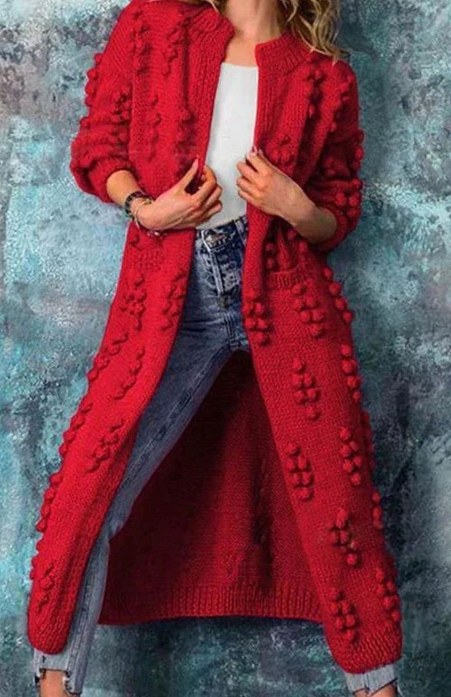 Women's Long Open-Front Pom-Pom Knitted Cardigan Sweater - Red