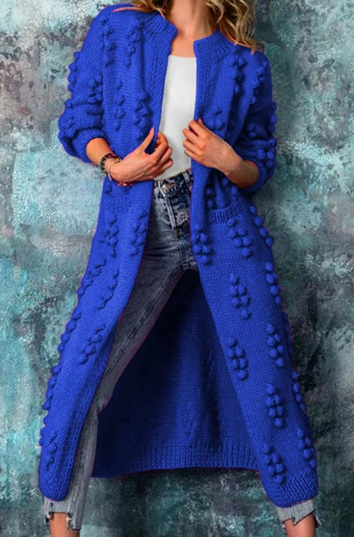 Women's Long Open-Front Pom-Textured Knit Cardigan - Blue
