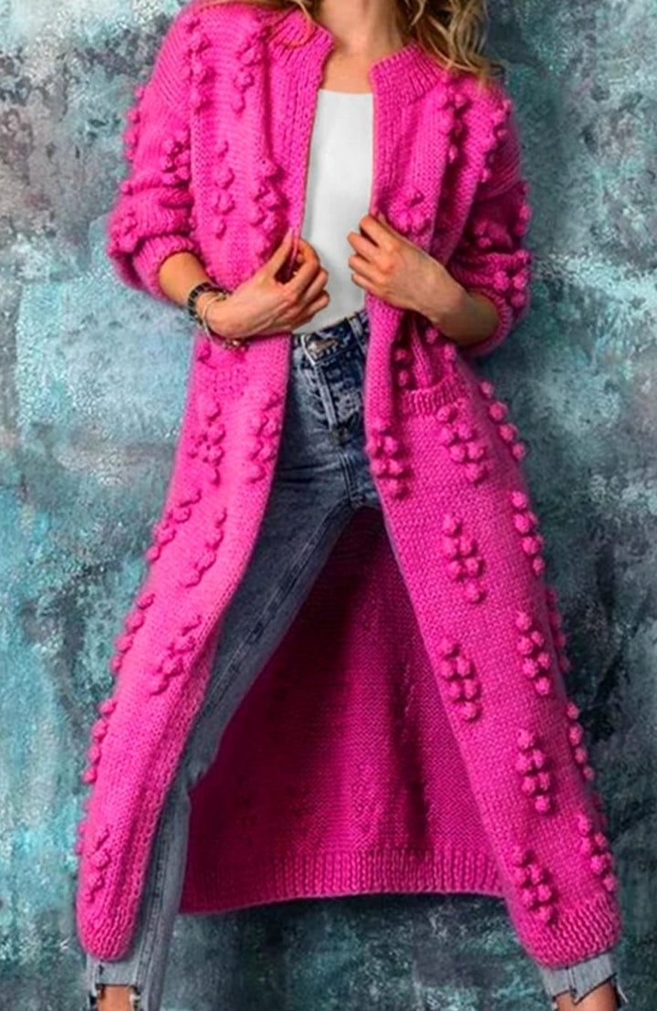 Women's Long Open-Front Pom-Textured Knit Cardigan - Pink
