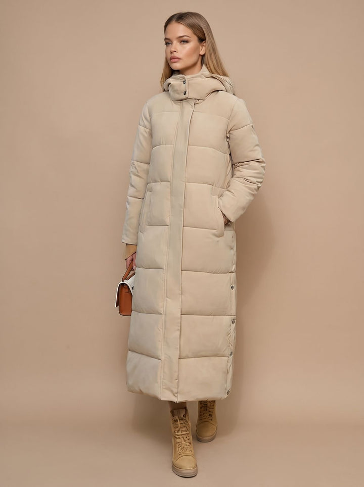 Women's Long Quilted Hooded Puffer Jacket - Beige