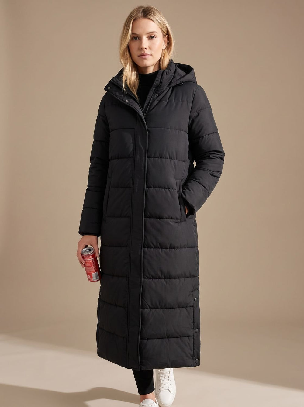 Women's Long Quilted Hooded Puffer Jacket - Black