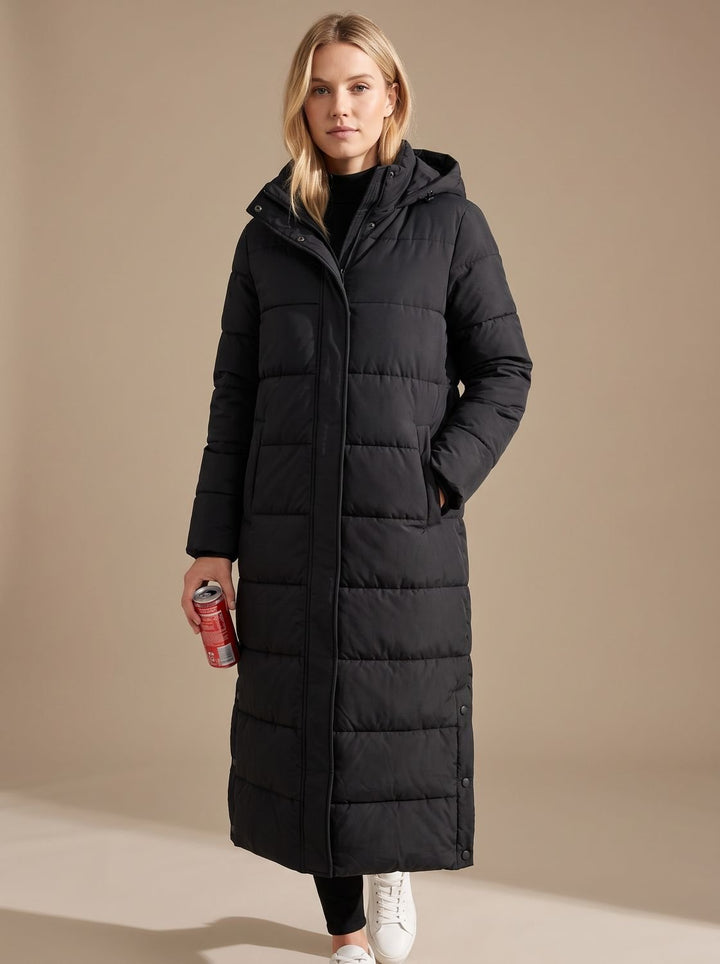 Women's Long Quilted Hooded Puffer Jacket - Black