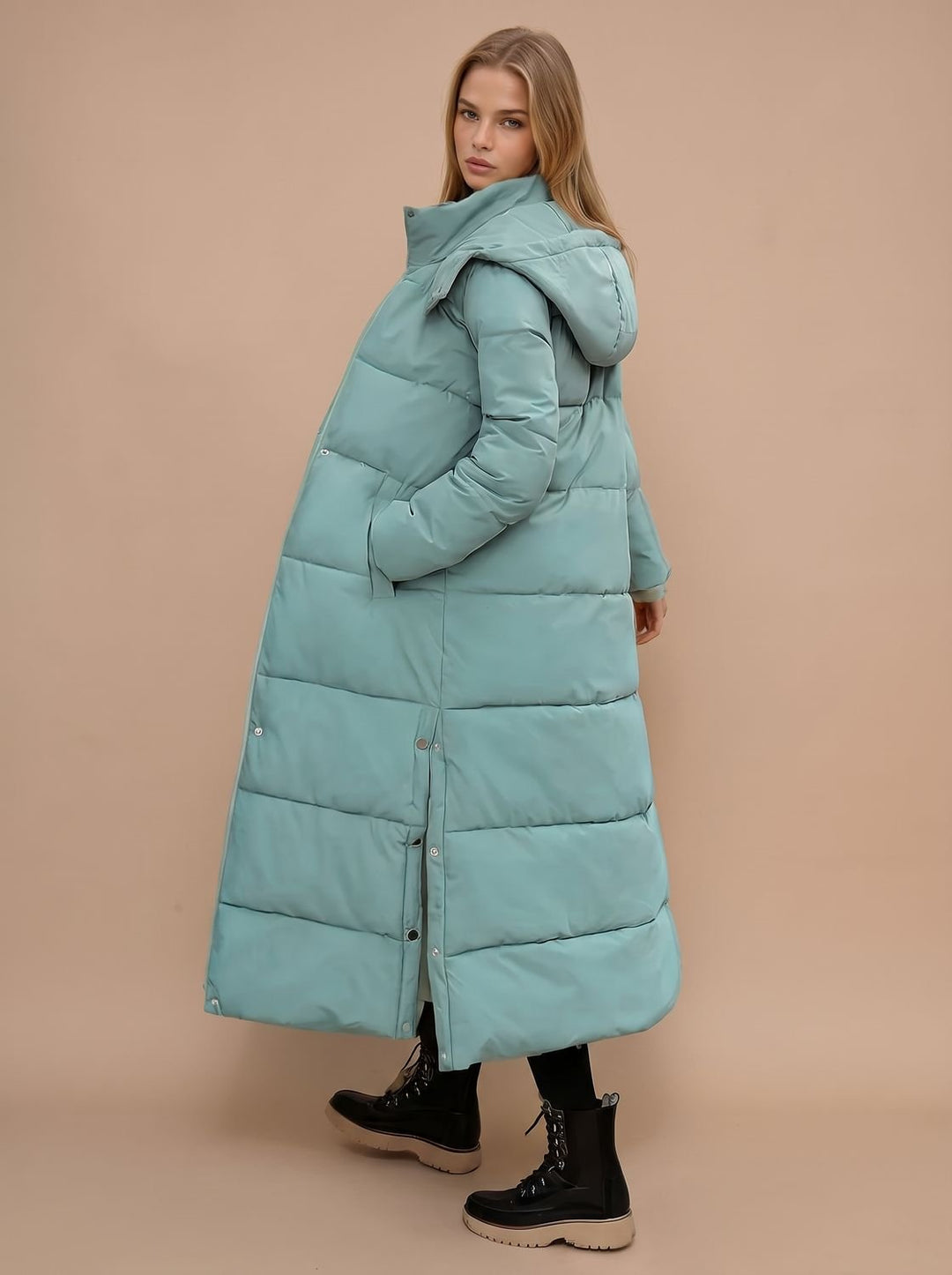 Women's Long Quilted Hooded Puffer Jacket - Turquoise