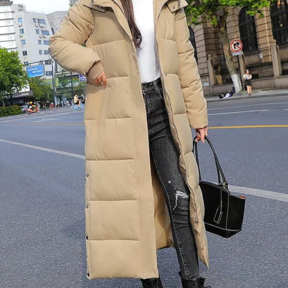 Women's Long Quilted Puffer Winter Coat Full-Length Zip - Khaki