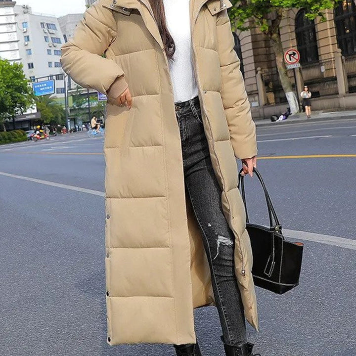 Women's Long Quilted Puffer Winter Coat Full-Length Zip - Khaki