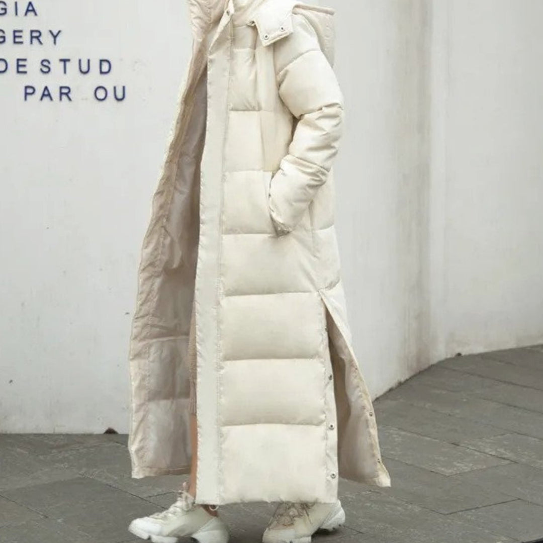 Women's Long Quilted Puffer Winter Coat Full-Length Zip - Beige