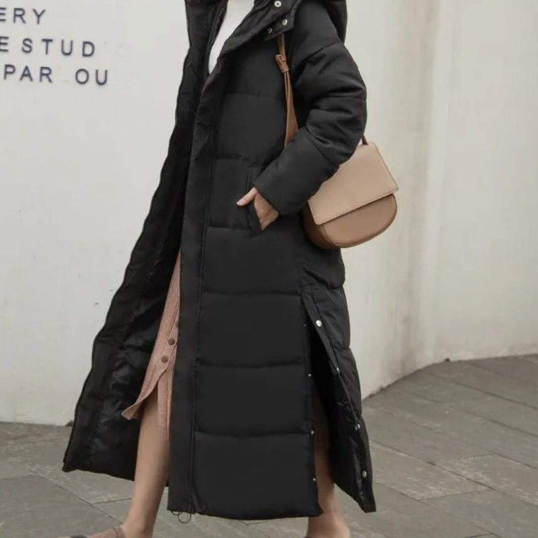 Women's Long Quilted Puffer Winter Coat Full-Length Zip - Black
