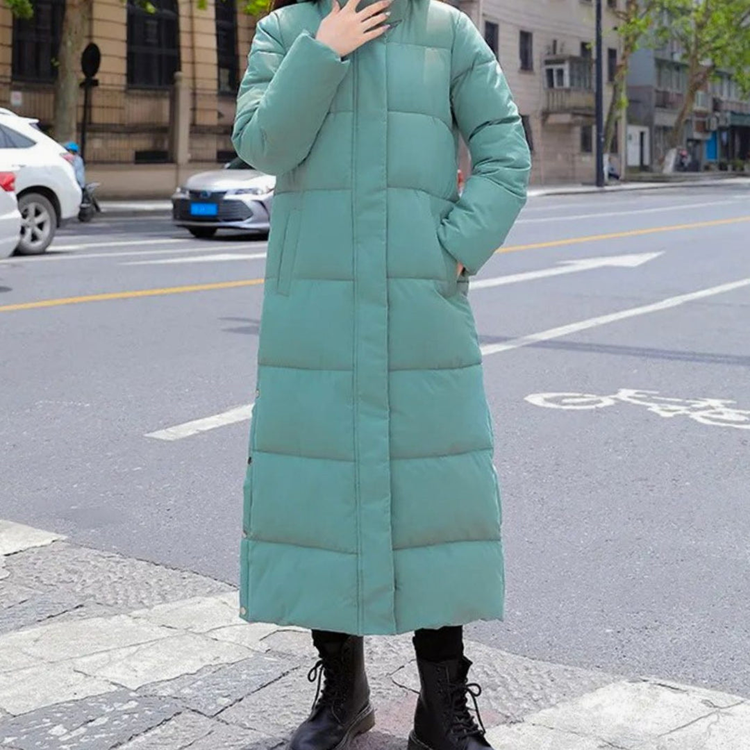 Women's Long Quilted Puffer Winter Coat Full-Length Zip - Green