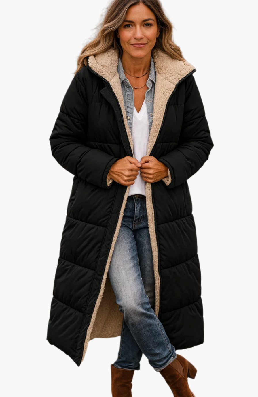 Women's Long Quilted Sherpa-Lined Hooded Winter Coat - Black
