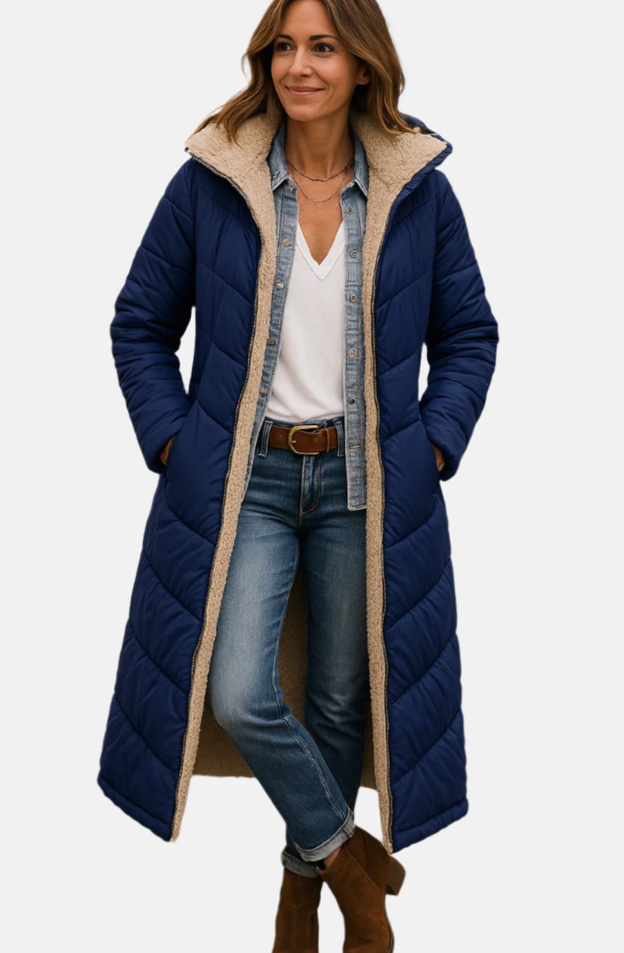 Women's Long Quilted Sherpa-Lined Hooded Winter Coat - Navy Blue