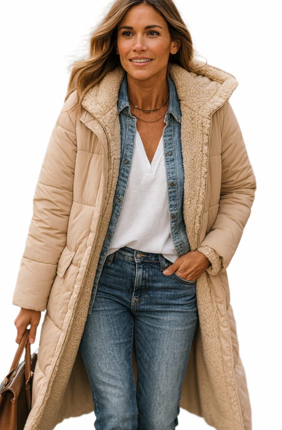 Women's Long Quilted Sherpa-Lined Hooded Winter Coat - Beige