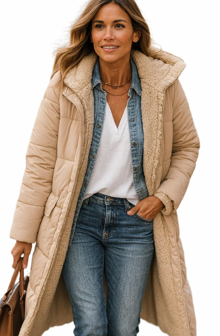 Women's Long Quilted Sherpa-Lined Hooded Winter Coat - Beige
