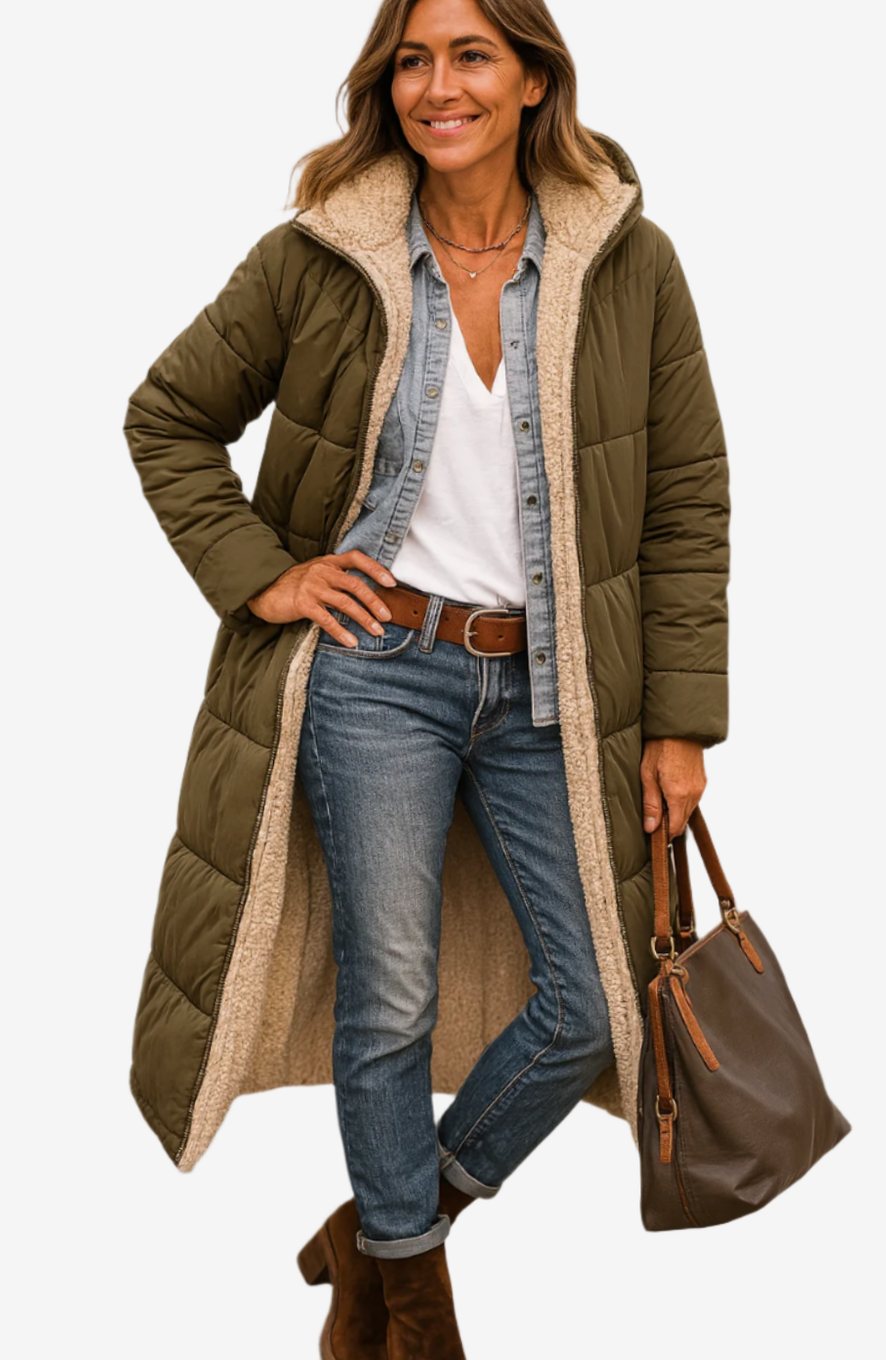 Women's Long Quilted Sherpa-Lined Hooded Winter Coat - Army Green