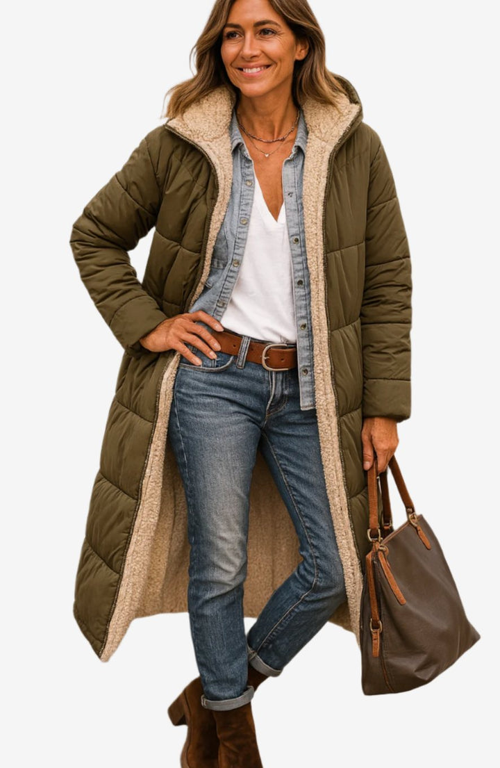 Women's Long Quilted Sherpa-Lined Hooded Winter Coat - Army Green