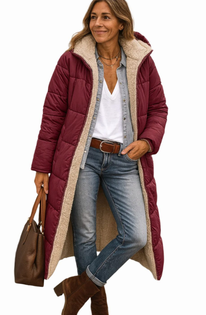 Women's Long Quilted Sherpa-Lined Hooded Winter Coat - Wine Red