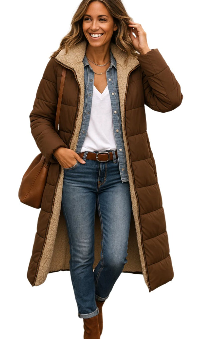 Women's Long Quilted Sherpa-Lined Hooded Winter Coat - Brown