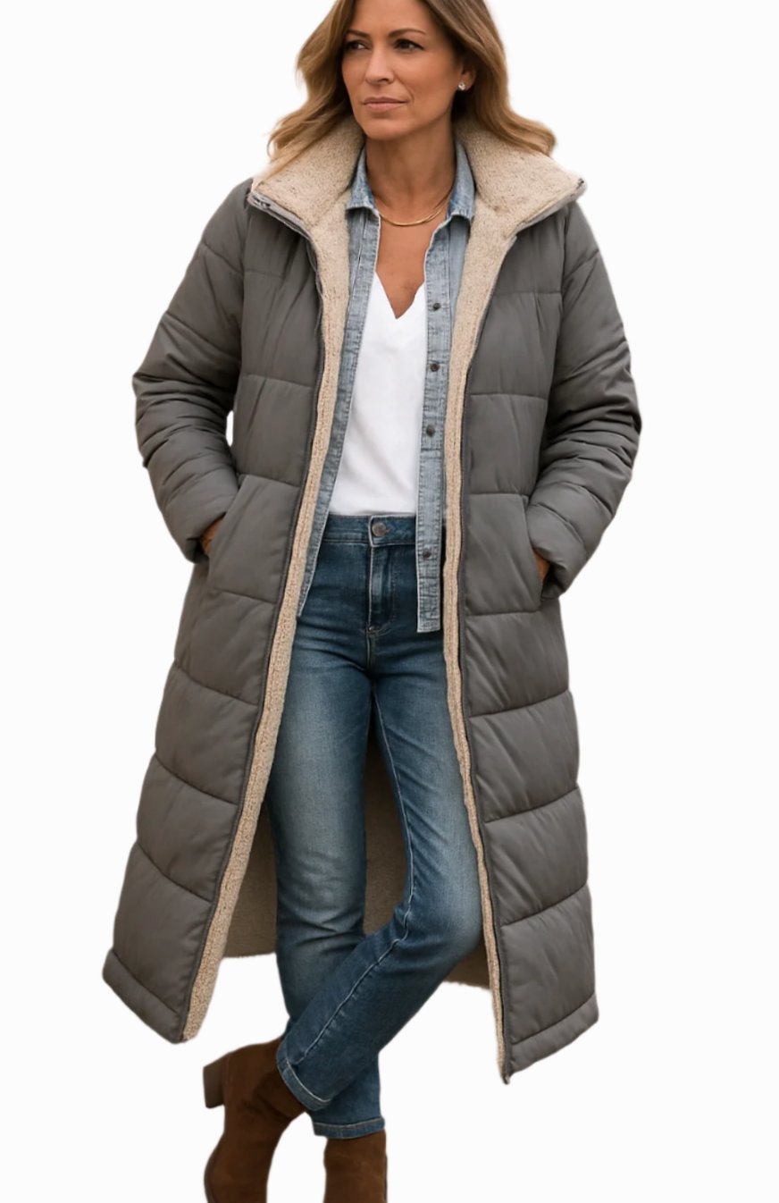 Women's Long Quilted Sherpa-Lined Hooded Winter Coat - Gray