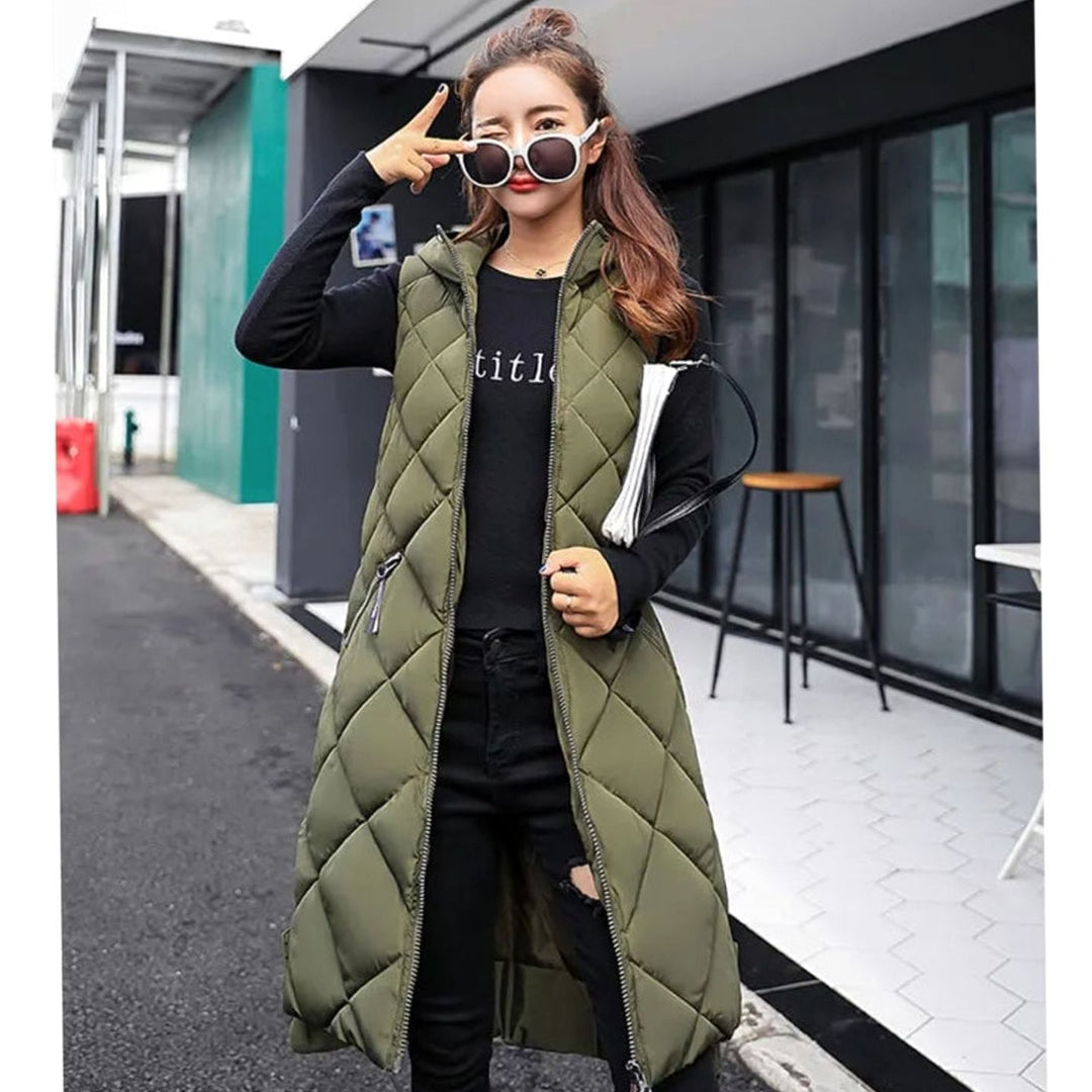 Women's Long Quilted Sleeveless Hooded Vest - Army Green