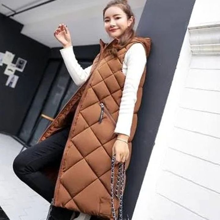 Women's Long Quilted Sleeveless Hooded Vest - Caramel