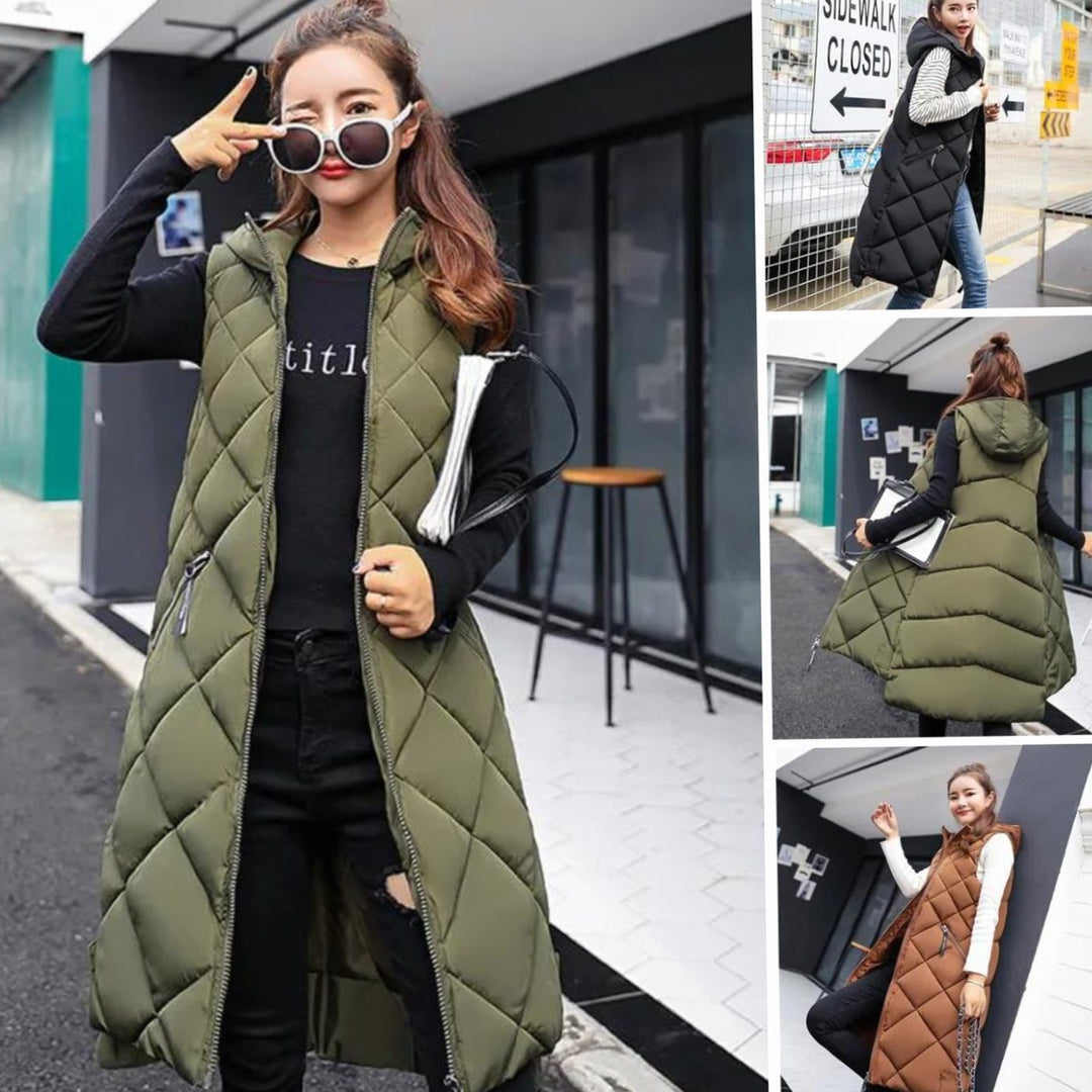 Women's Long Quilted Sleeveless Hooded Vest