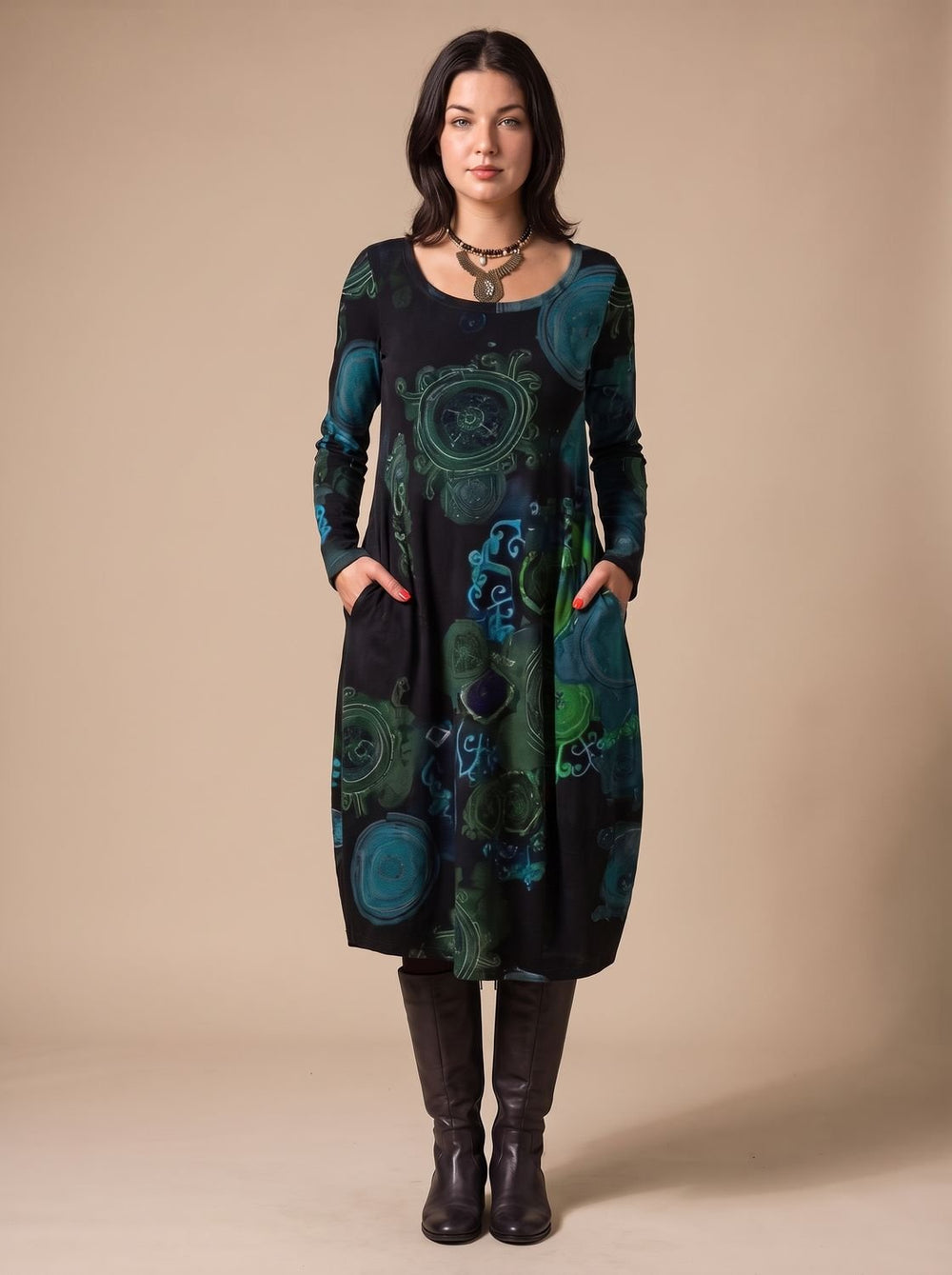 Women's Long-Sleeve Allover-Print Midi Dress Pockets - Blue