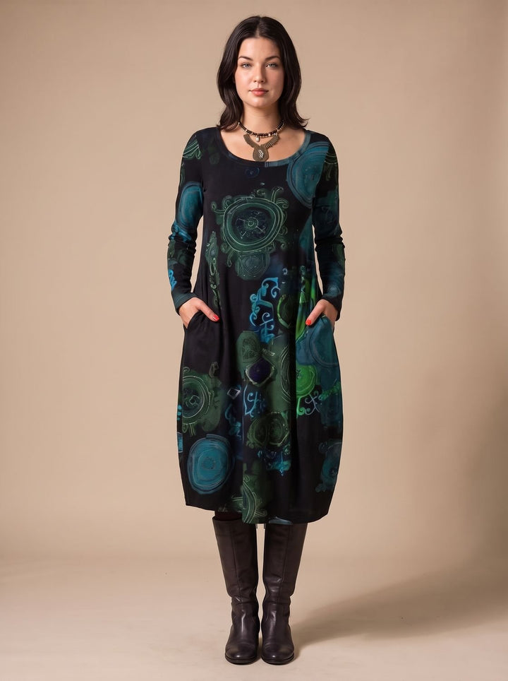 Women's Long-Sleeve Allover-Print Midi Dress Pockets - Blue
