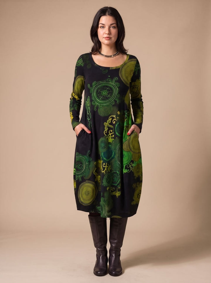 Women's Long-Sleeve Allover-Print Midi Dress Pockets - Green