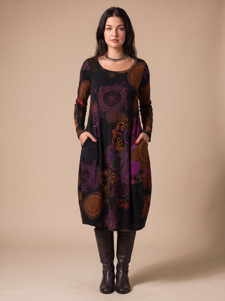 Women's Long-Sleeve Allover-Print Midi Dress Pockets - Red