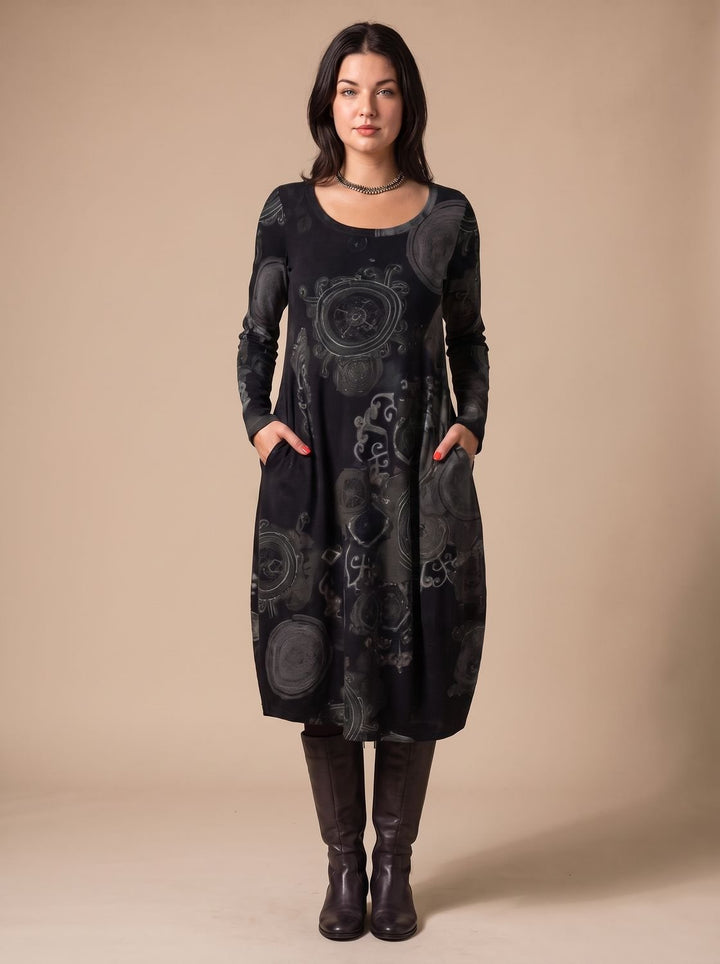 Women's Long-Sleeve Allover-Print Midi Dress Pockets - Black