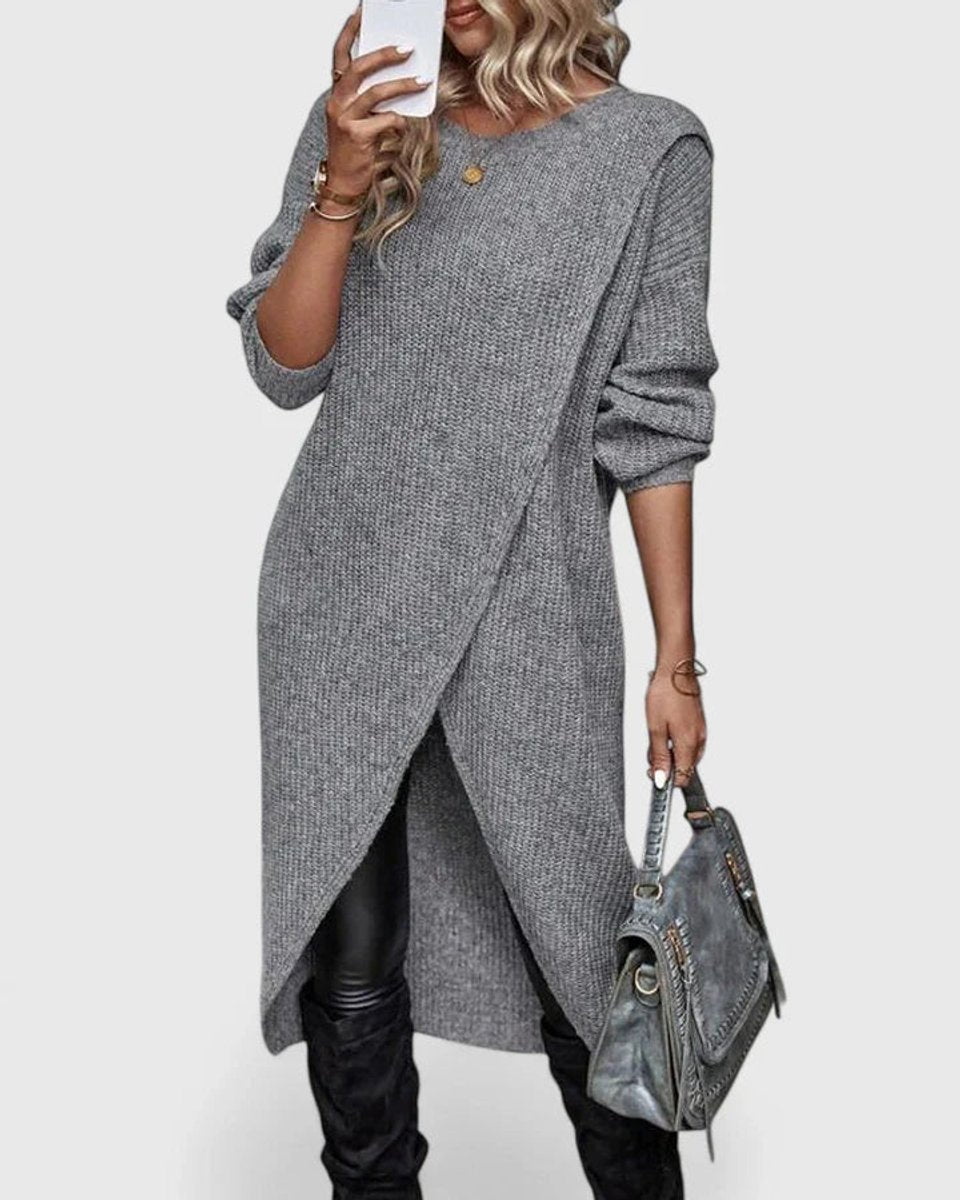 Women's Long-Sleeve Asymmetric Hem Knit Sweater Dress - Gray