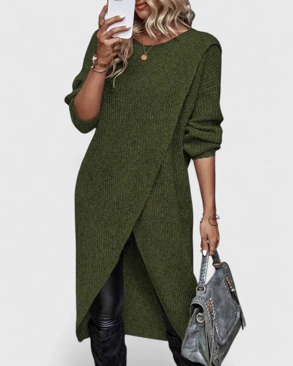 Women's Long-Sleeve Asymmetric Hem Knit Sweater Dress - Green