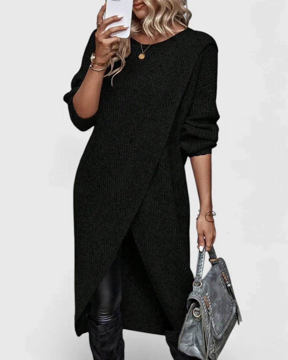Women's Long-Sleeve Asymmetric Hem Knit Sweater Dress - Black