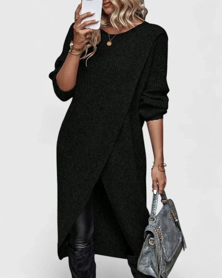 Women's Long-Sleeve Asymmetric Hem Knit Sweater Dress - Black