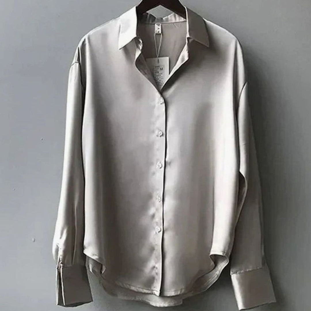 Women's Long Sleeve Button-Down Loose Satin Blouses - Grey