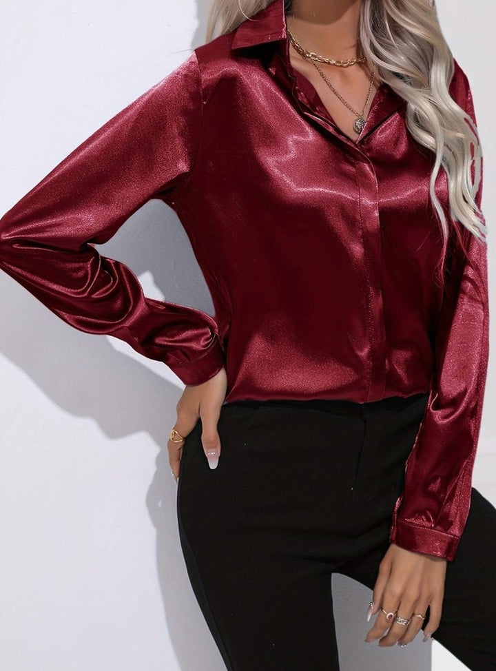 Women's Long Sleeve Button-Down Satin Blouse - Dark Red