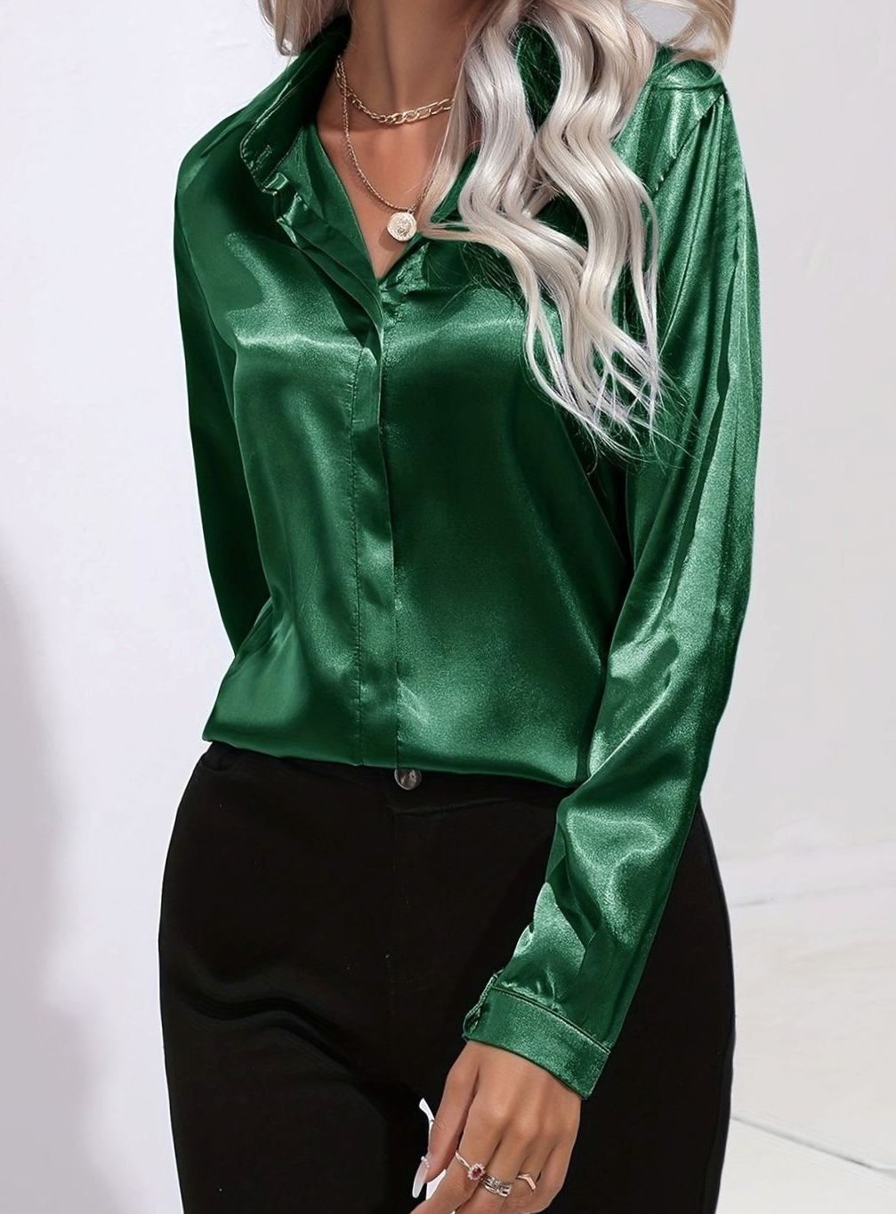 Women's Long Sleeve Button-Down Satin Blouse - Dark Green